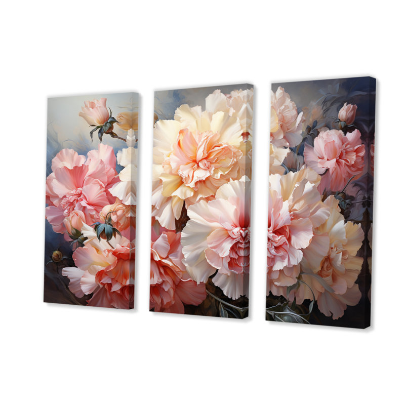 Oeillets, impression romantique II sur toile, 3 pièces, H 28 po x l 36 po x P 1 po