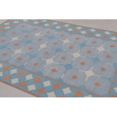 Rug & Kilim’S Contemporary Dhurrie Rug In Blue And Rust Tile Design