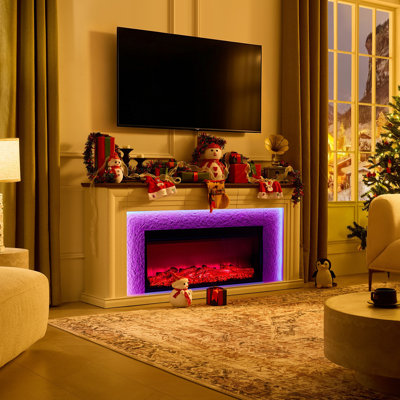 Foyer électrique avec manteau, meuble télé avec foyer à DEL et 3 tiroirs

Foyer encastré de 107 cm (42 po) avec insert texturé 4D en relief, éclairage DEL 7 couleurs, 3 tiroirs dissimulés, meuble télé de style ferme moderne