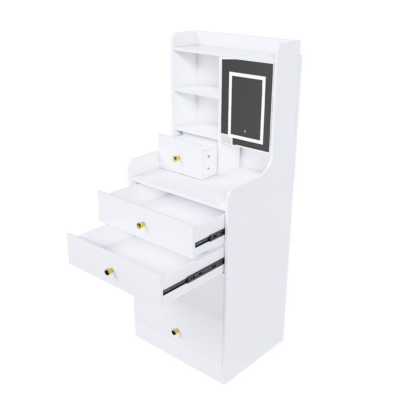 31 Vanity With Led Strip, Padded Stool & 4 Open Shelves - White Design For Bedroom Organization And Cosmetic Storage Multi Functional Mirror, Hidden Drawers Medium Density Makeup