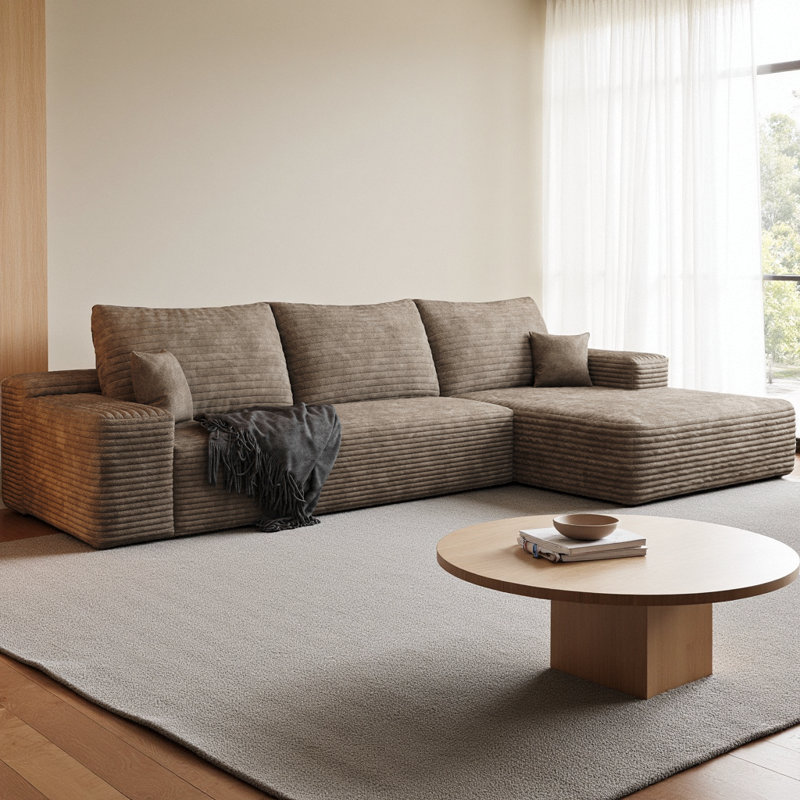 Canapé modulaire en L en velours côtelé moelleux de 107 po avec méridienne Boneless, Velours côtelé chameau