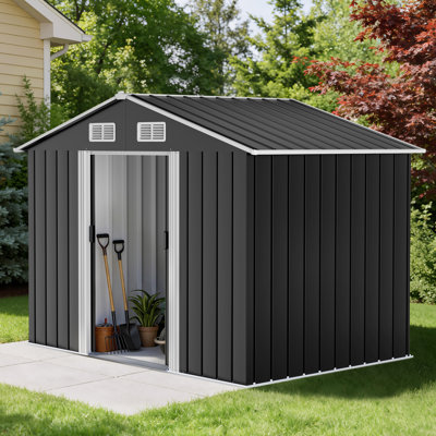 Outdoor Garden Storage Shed, Heavy-Duty Steel Tool Shed with Sliding Doors, Vent Filter, Reinforced Frame & Sloped Drainage Roof