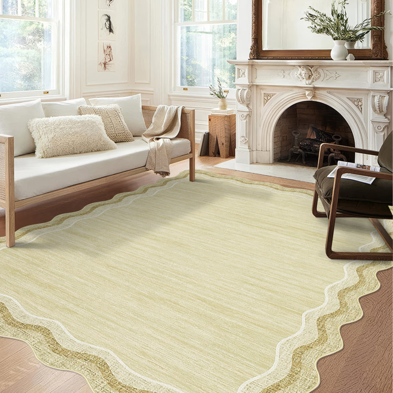 Scalloped Area Rugs Washable Modern Accent Rug, Stain-Resistant Foldable Floor Mat with Non-Slip Backing, Contemporary Low Pile Indoor Carpet for Bedroom, Living Room