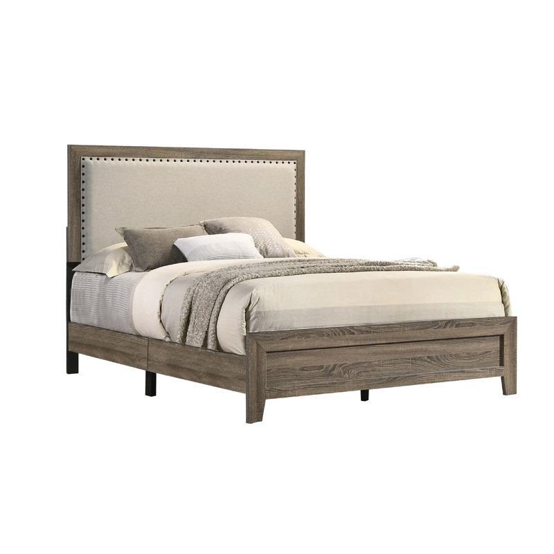 Shannon Panel Bed With Nailhead Trim, Fabric, Wood, Gray/Ivory, Queen