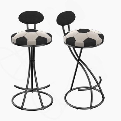 Ensemble de tabourets de bar rembourrés en forme de S, ensemble de 2 tabourets de bar en velours, tabouret rond à imprimé football pour la cuisine et le salon (structure et dossier noirs)