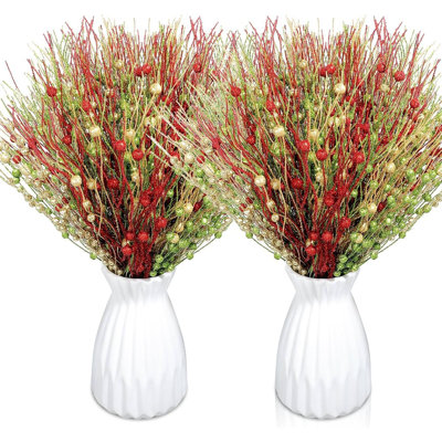 36 Pcs Christmas Tree Picks – 15.7" Artificial Glitter Berry Stem Ornaments, Red Green & Gold Bead Sticks For Xmas Tree, Wreath, Vase Filler & Holiday Home Décor