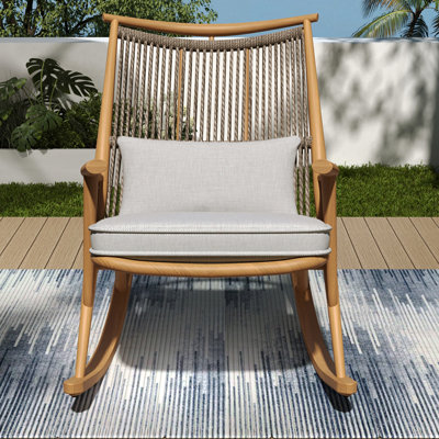 Chaise berçante d'extérieur avec fer en teinte d'érable, siège en PE gris respirant, coussins de siège moelleux et confortable - Résistant aux intempéries, coussin