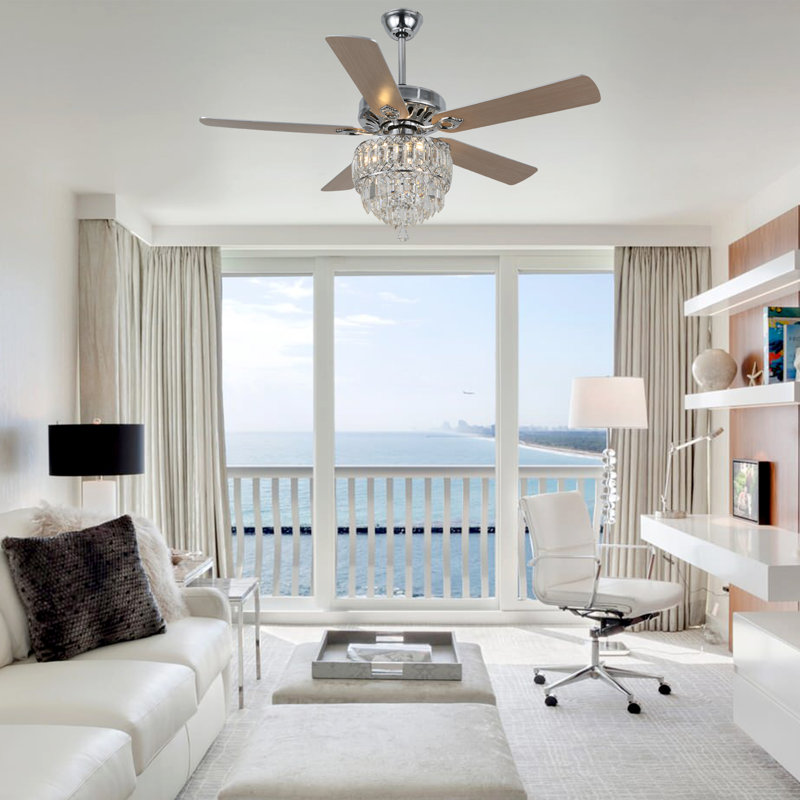 52 Inch Modern Crystal Ceiling Fan With Remote Control, 3 Speeds Reversible Ceiling Fan For Bedroom, Chrome