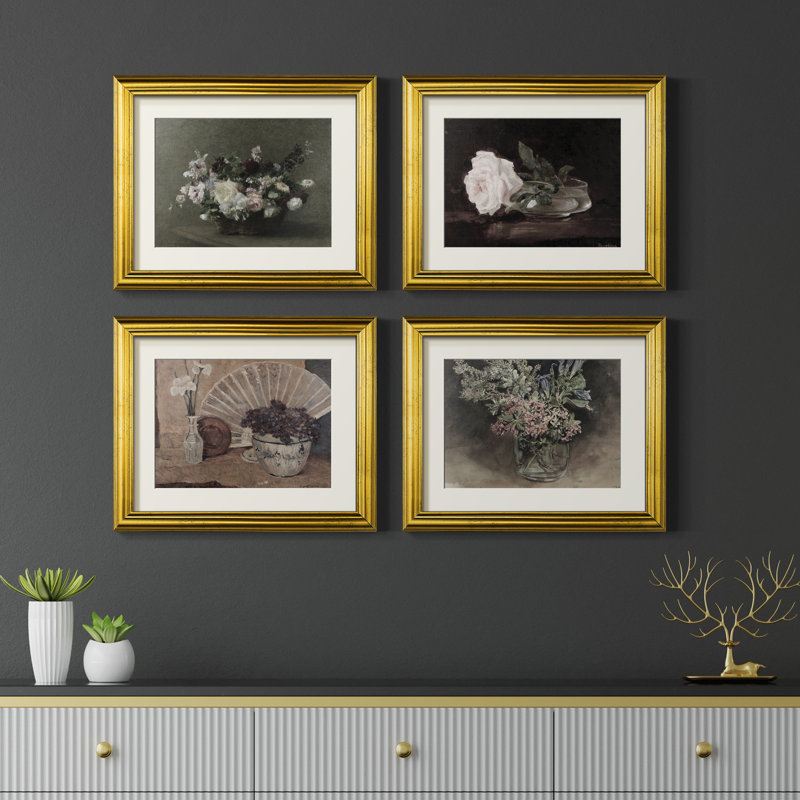 Ensemble de 4 reproductions encadrées Vintage Floral VII
