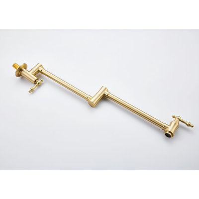 Brushed Gold Wall Mount Pot Filler Faucet - Folding Arm, 360 Swivel, Quality Brass, Double Handles For Smooth Water Flow, Surface, Space Saving Kitchen Use In Rotation, Brass Body, Seamless Flow