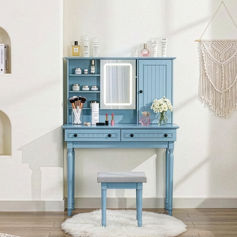 42.24'' W Vanity With Stools And Mirrors, Blue