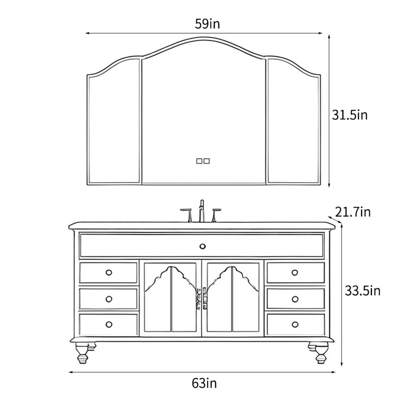 Meuble-lavabo de style rétro français, H 33,5 po x l 63 po x P 21,7 po, Noir