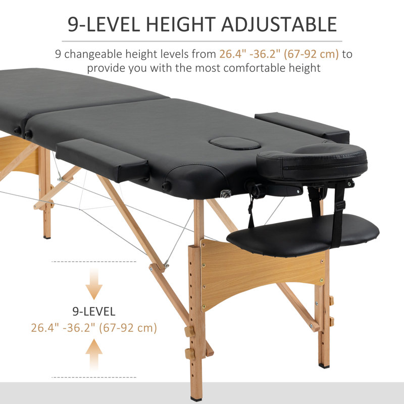 Table de massage à 2 sections avec table de massage et table de massage pliable avec étui de transport, Similicuir noir