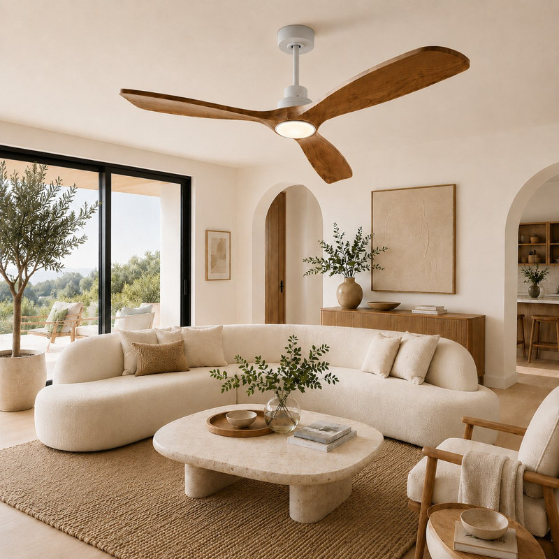 Ventilateur de plafond moderne en bois massif de 52 po à 3 pales avec lumière DEL à intensité variable, 3 tiges, deux tiges verticales et télécommande