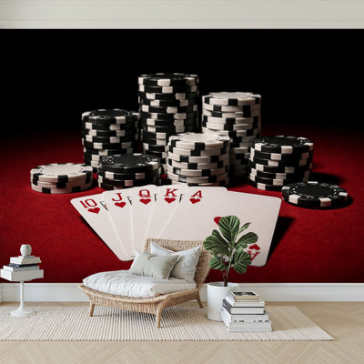 Peel and Stick Wallpaper 100" L x 144" W Modern Self Adhesive Wall Mural for Bedroom - With Royal Flush Pokers Print
