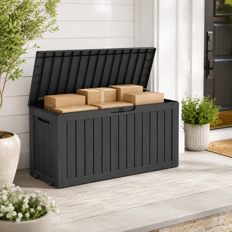 85 Gallon Outdoor Deck Box with Seat, Lockable Waterproof Resin Storage Box