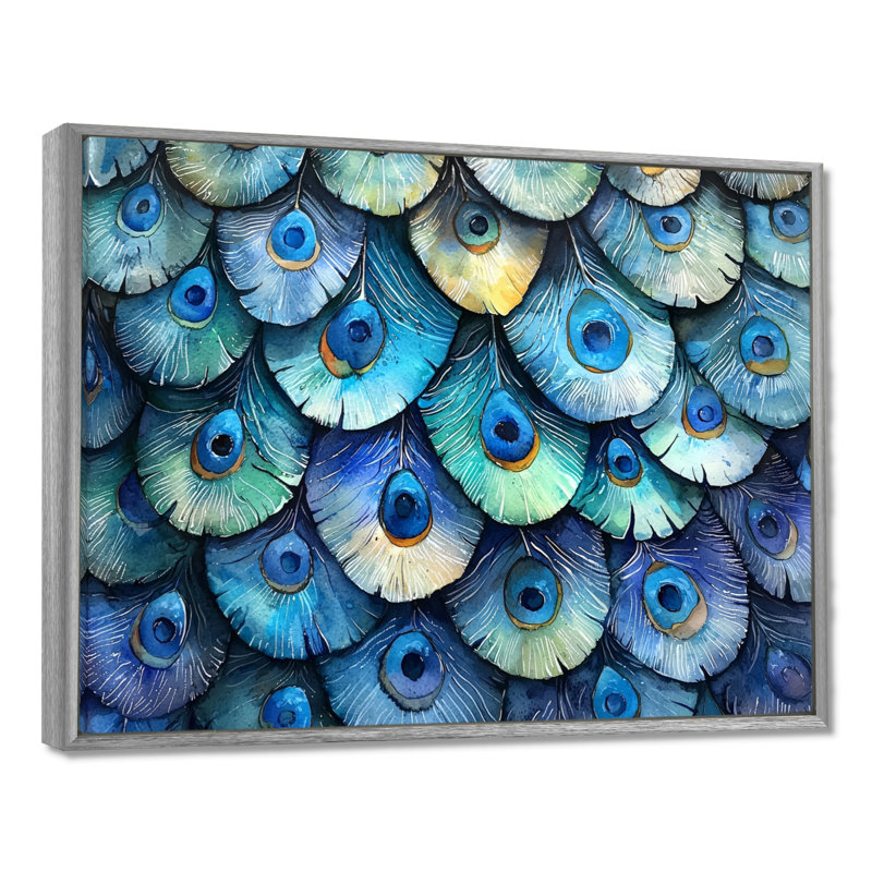Mosaïque de plumes de paon Grimsley - paon, Argent, H 12 po x l 20 po, Cadre flottant