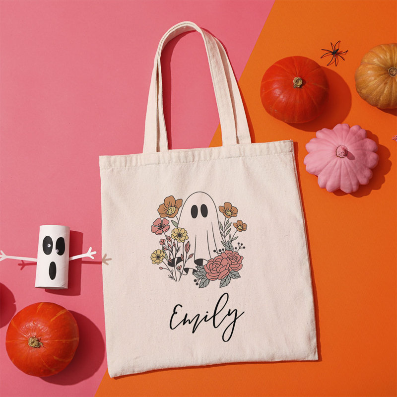 Sac personnalisé de bonbons ou de bonbons d'Halloween, sac fourre-tout en coton épais, fantôme enfant avec nom, sac de bonbons réutilisable