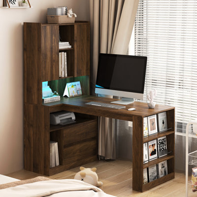 Bureau en L, bureau d'ordinateur avec tiroirs avec éclairage à DEL, bureau d'angle moderne pour la maison, le bureau