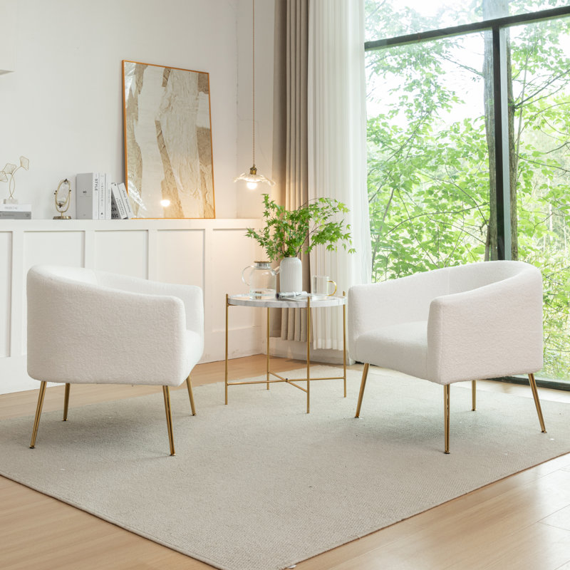 Fauteuil demi-tonneau Jameila, Fausse fourrure blanche, Doré, 2