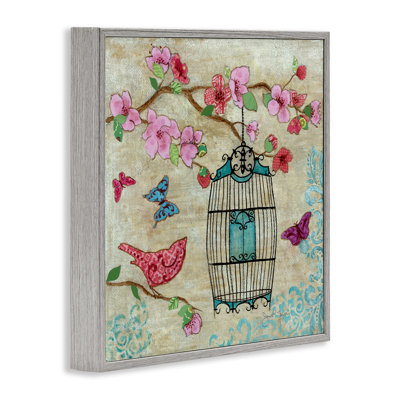 Spring Fling Pink Bird Framed Giclee, design by Janet Tava
