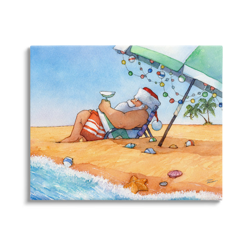 Père Noël, parasol de plage, bord de mer, Noël, encadré noir, art texturé par Steve Vanderbosch, H 16 po x l 20 po x P 1,5 po