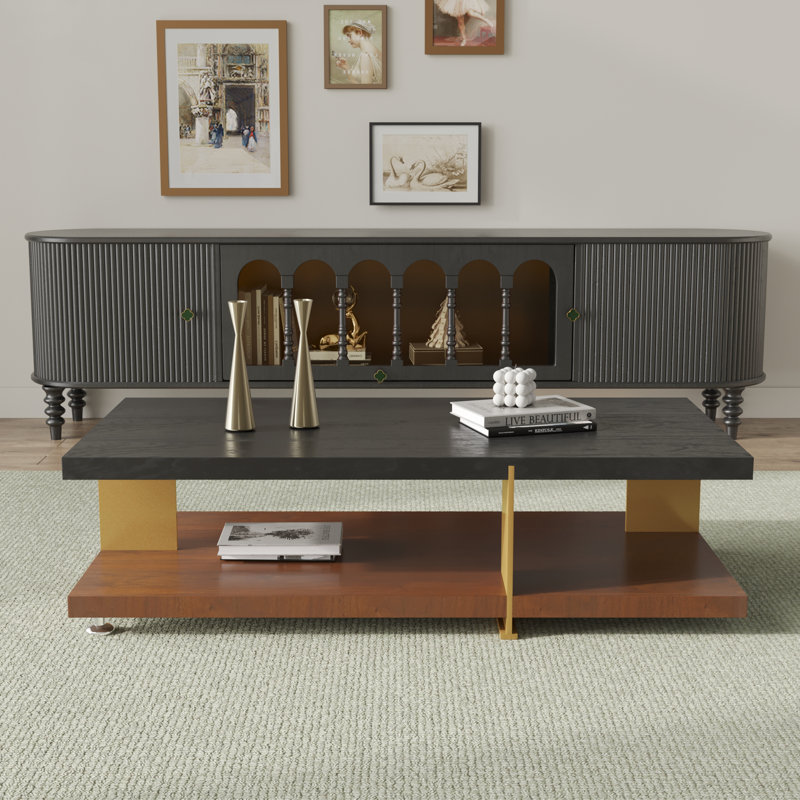 Rectangular Coffee Table With Storage, Black Top/Brown Base