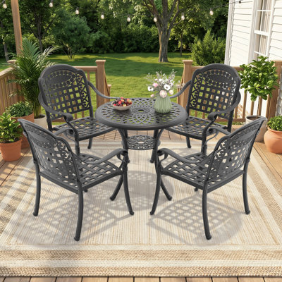 5-Piece Round Cast Aluminum Patio Dining Set, 4-Seater Outdoor Dining Furniture with Blue Cushions
