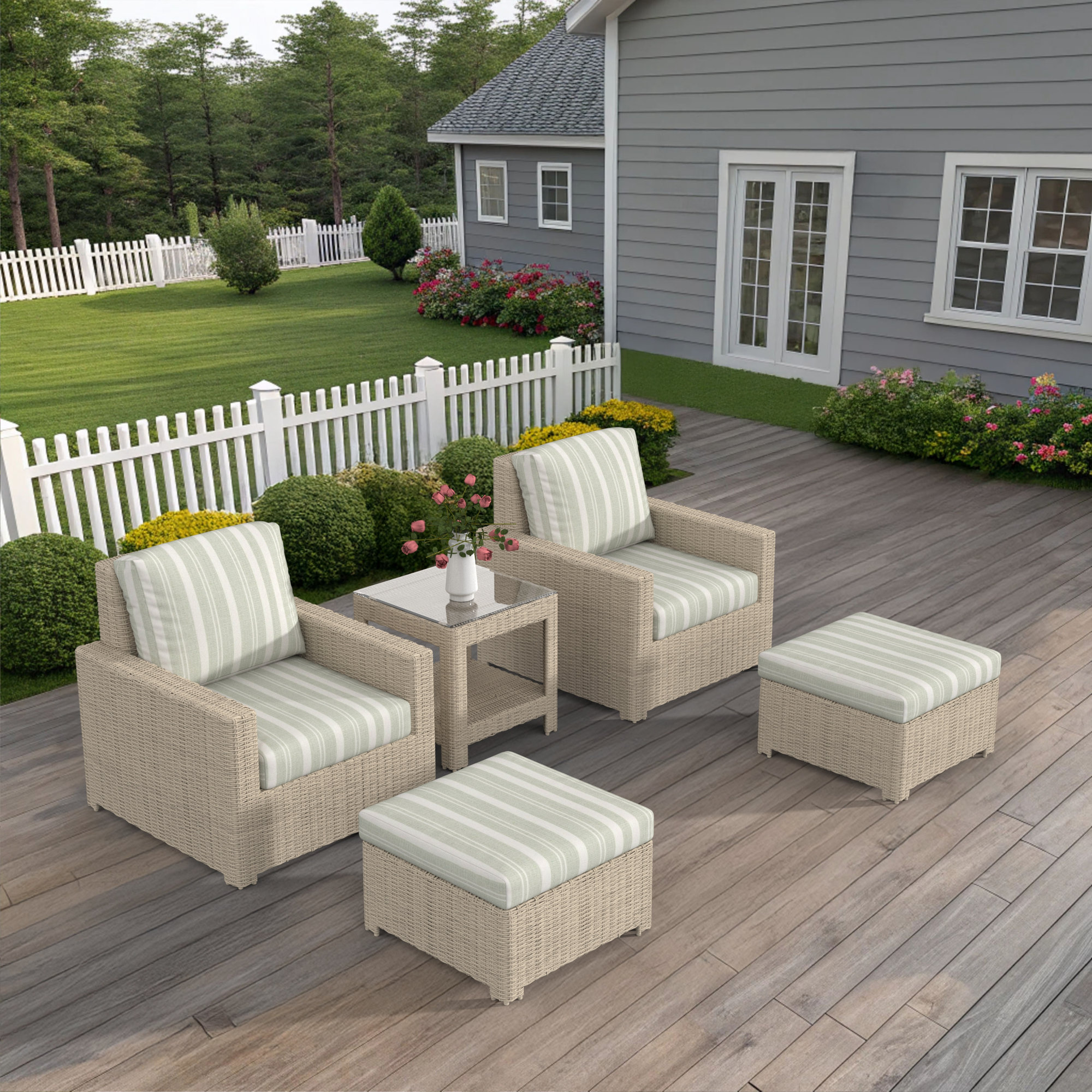 Henri Outdoor Conversation Set With Ottomans And Sunbrella Cushions, Tranquil Sage