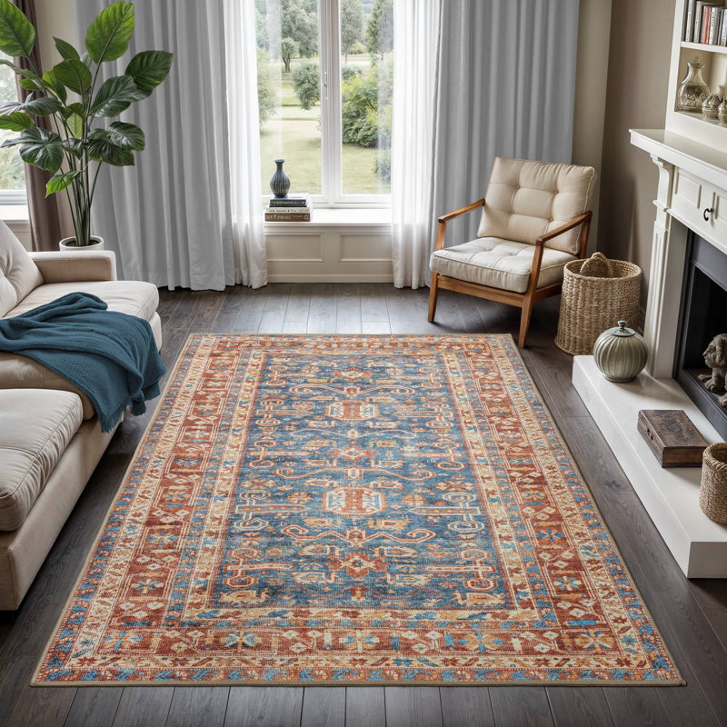 GLN Rugs Traditional Collection - Machine Washable Area Rug, Traditional Washable Rug, Non Slip Washable Rug, Low Pile Chenille Living Room Rug, Bedroom Rug, Kitchen Rug (Terra and Blue Rug)