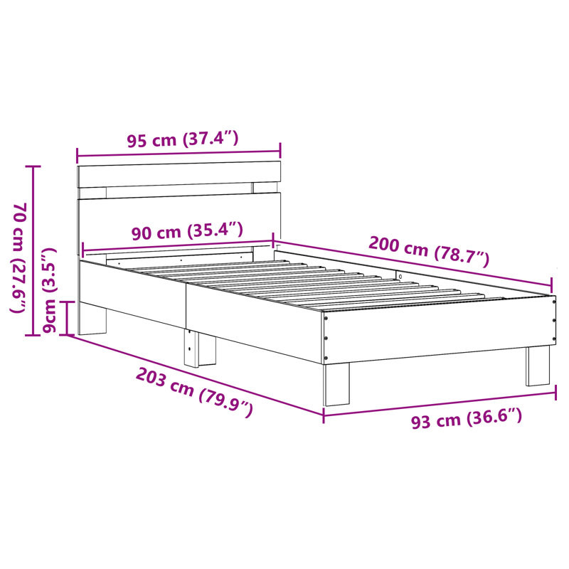 Single Bed Durable Rustic Minimalist, 90cm x 200cm, Black Oak, Manufactured Wood