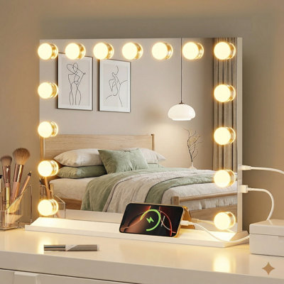 Vanity Mirror With Lights, Makeup Mirror With USB/Type-C Charging, Large Hollywood Mirrors W/ 15 LED Bulbs & 5X Magnifier, LED Mirrors For Bedroom Tabletop & Wall Mounted