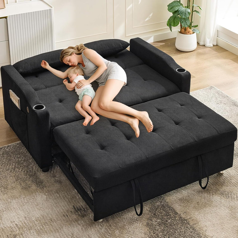 3-in-1 Convertible Sleeper Sofa Bed with Pull-Out Bed, Corduroy Futon with Adjustable Backrest, Charging Port & Side Pocket for Living Room or Guest Room
