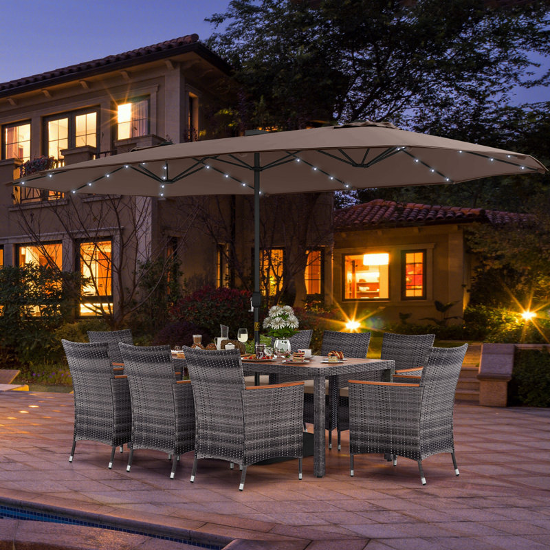 Ensemble 11 chaises de table de salle à manger de patio avec parasol et base, Gris, Brun