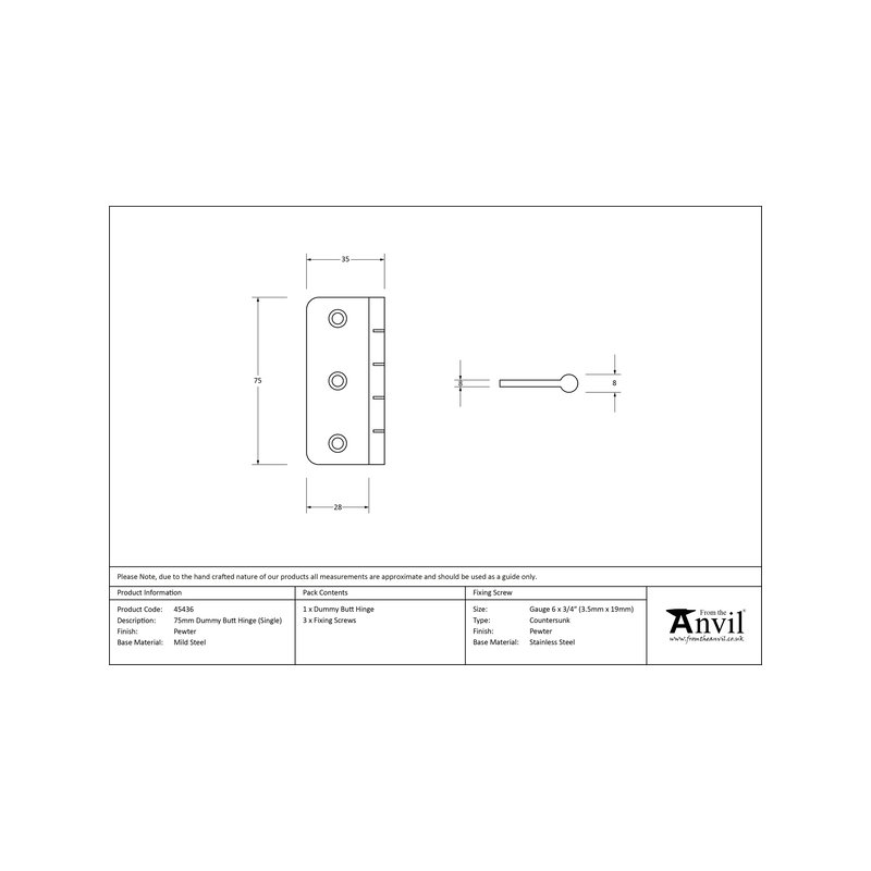 7.5cm H x 35cm W Surface Mount Single Door Hinge, Pewter Patina