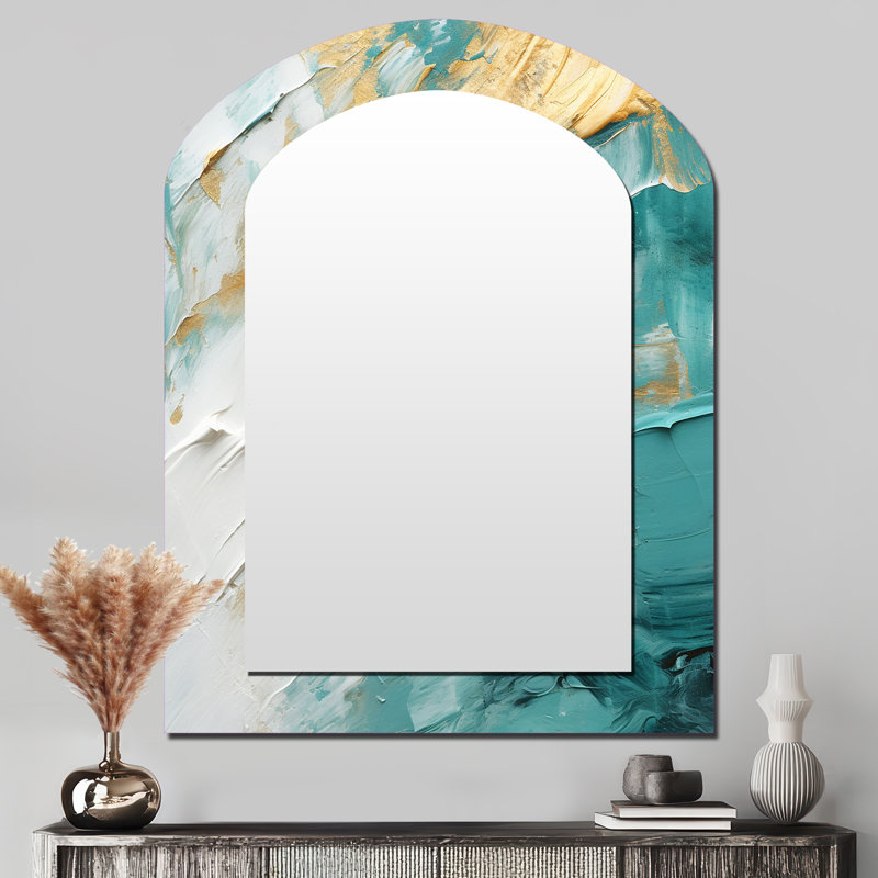 Golden Morning Glory Painting Gold On Teal I - Midcentury Modern Arch Wall Mirror, Modern Asymmetrical Decorative Mirror, Printed Metal Art