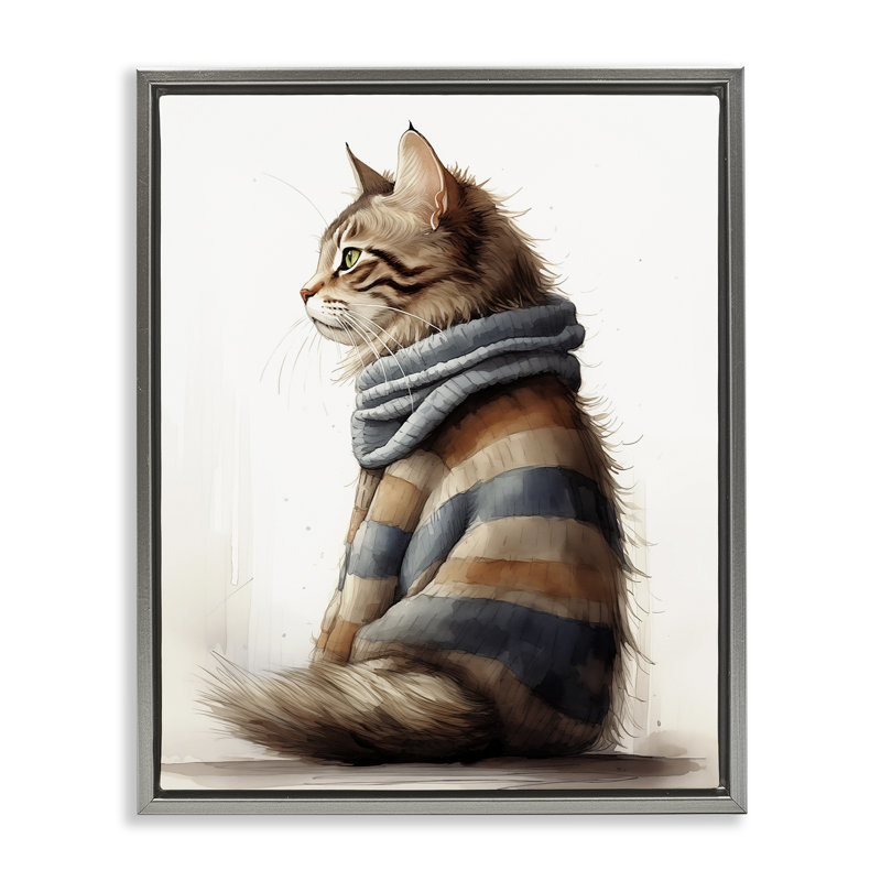 Chat dans un chandail rayé brun, art mural encadré par Sasha, Cadre flottant gris lustré, H 21 po x l 17 po