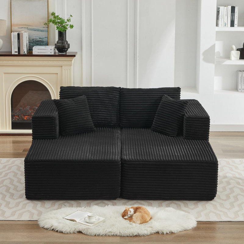 Canapé double 106 po Cloud, siège profond modulaire pour le salon, tissu velours côtelé noir, aucun assemblage requis, 2 sièges, siège mi-moelleux, rembourré de mousse, espace principal idéal, assemblage de conception,