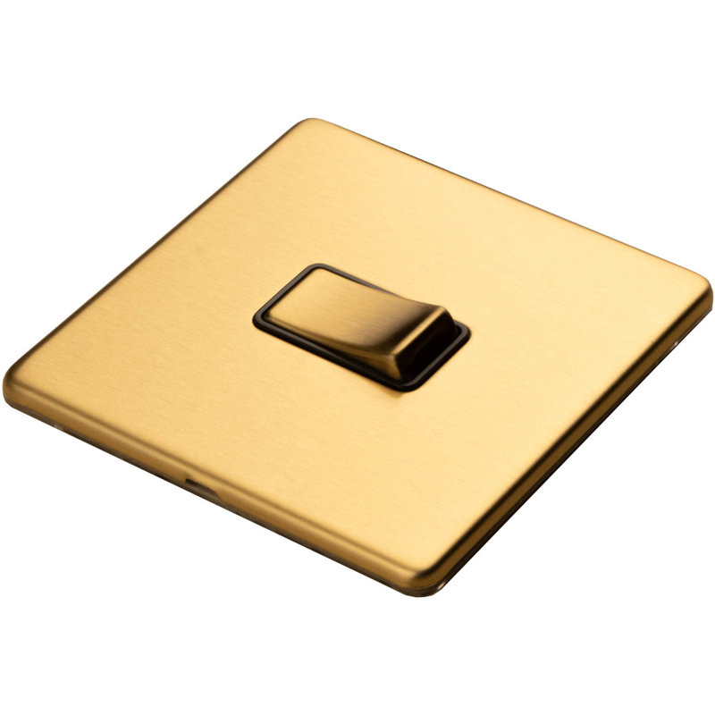 1 Gang Single 10A INTERMEDIATE Light Switch SCREWLESS SATIN BRASS Metal Rocker, Brass, Gold
