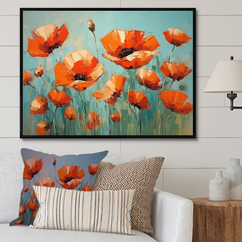 " Jade Joy Whispers Of Poppies ", 34" H x 44" W x 1.5" D, Black Floater Framed