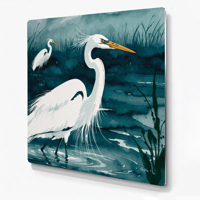 Birds Great Egret Blue Metal Wall Art