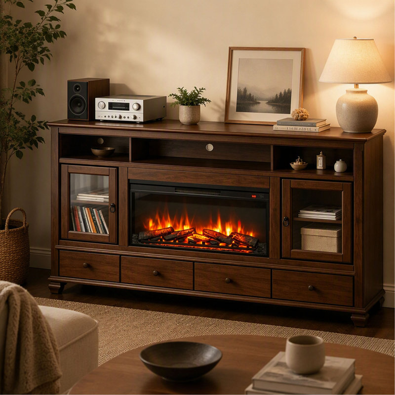 Foyer électrique encastré, chauffage ultra-mince avec bûches factices et flamme réaliste, télécommande avec minuterie et protection contre la surchauffe