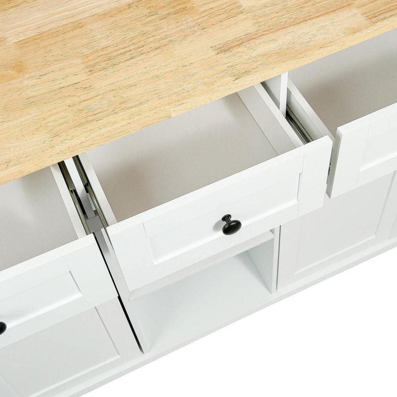 Kitchen Cart With Rubber Wood Drop-Leaf Countertop ,Cabinet Door Internal Storage Racks,Kitchen Island On 5 Wheels With Storage Cabinet And 3 Drawers For Dinning Room,White