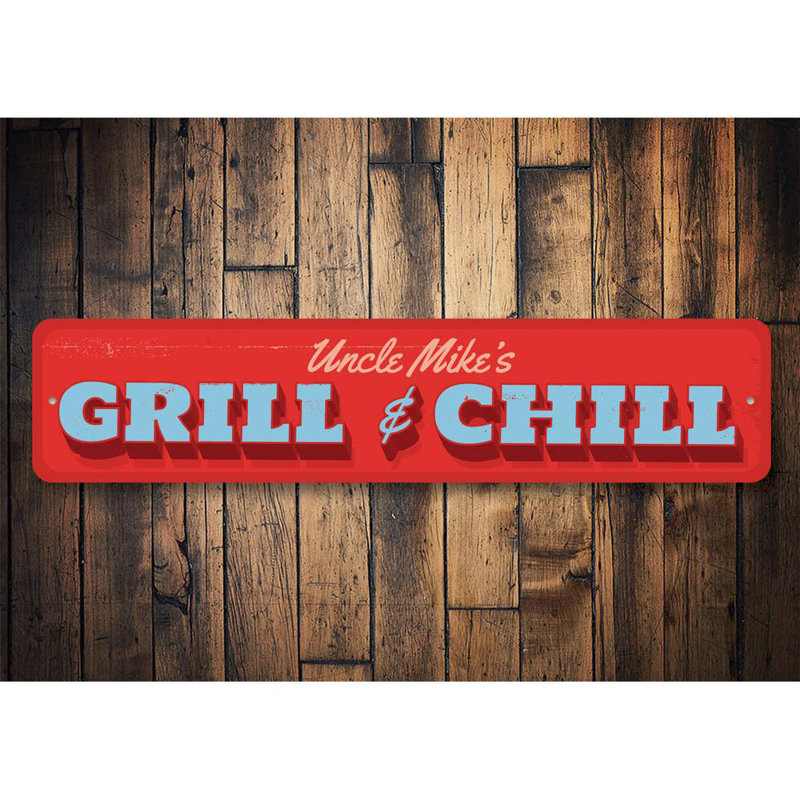 Enseigne en aluminium personnalisée «Grill & Chill», H 4 po x l 18 po x P 0,04 po