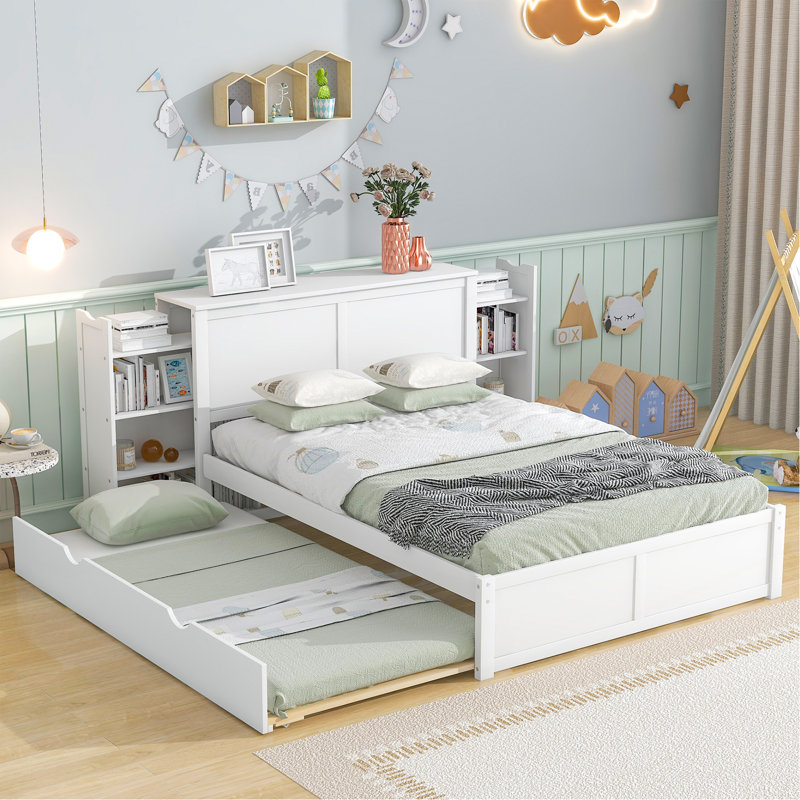 Lit double pleine grandeur avec tablettes coulissantes et lit gigogne simple, blanc - bois massif pour une charmante plateforme de sommeil