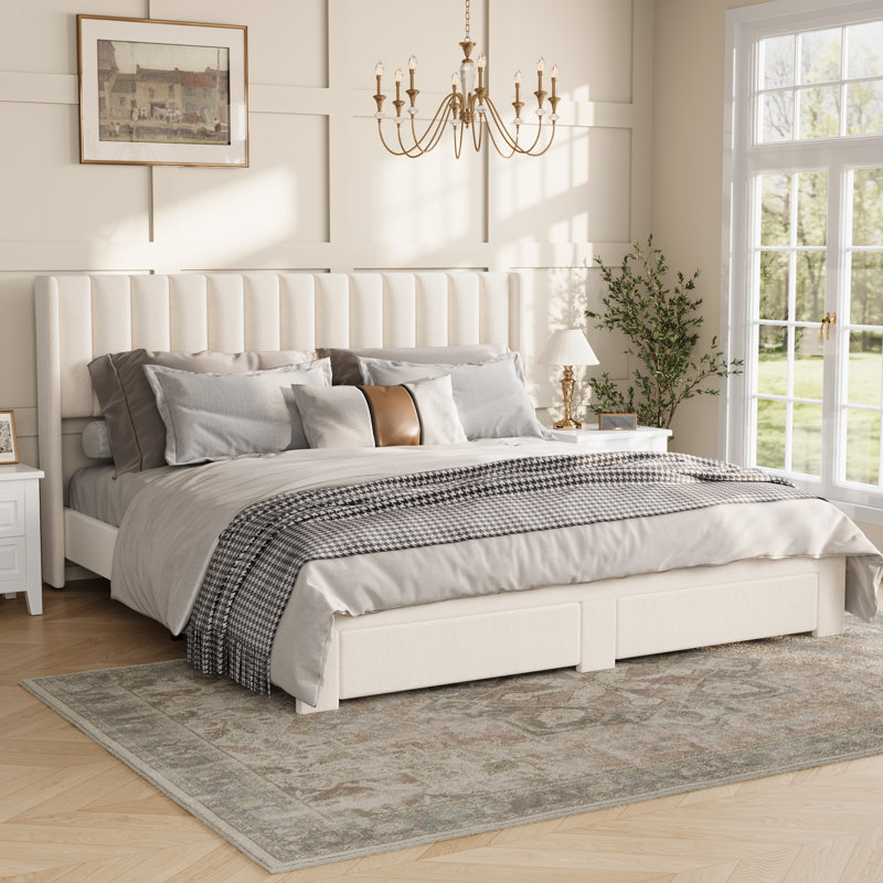 King Size Bed Frame, Velvet Upholstered Bed Frame with Wingback Headboard, 2 Storage Drawers, No Box Spring Needed, White