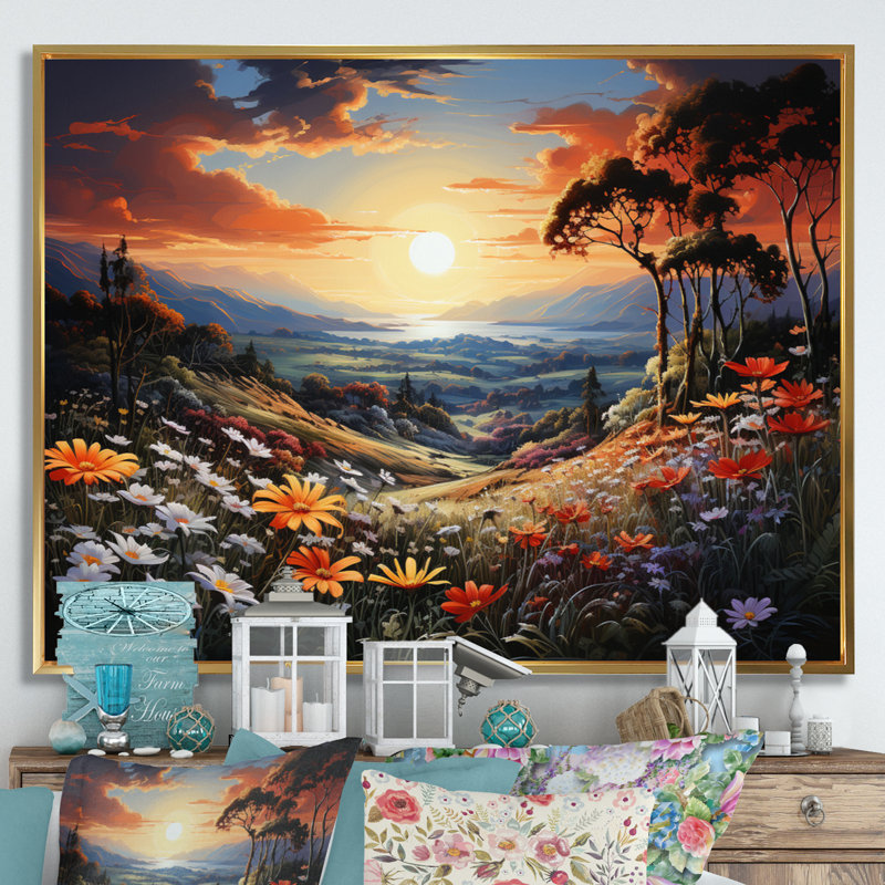 Wildflowers Sunlit Meadows sur toile, H 12 po x l 20 po x P 1 po, Cadre flottant doré