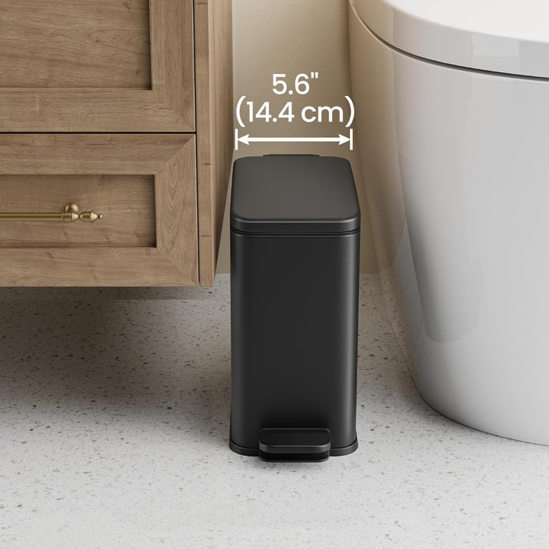 Slim Black Stainless Steel Rectangular Trash Can with Pedal