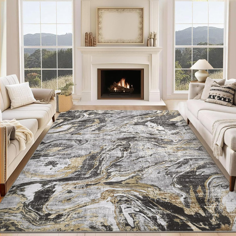 Machine Washable Rug – Non-Slip Low Pile Foldable Soft Modern Abstract Carpet for Entryway Bathroom Laundry Room Blue.