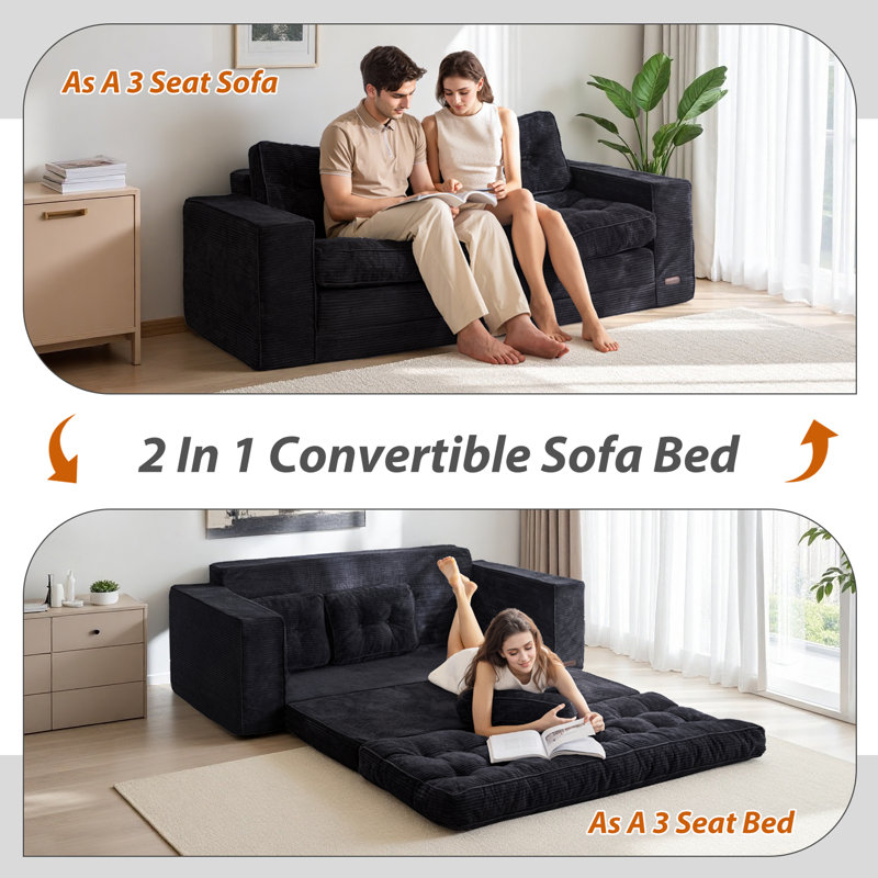 Canapé Bean Bag, causeuse de plancher, Velours côtelé noir, H 29,5 po x l 74,8 po x P 33,5 po